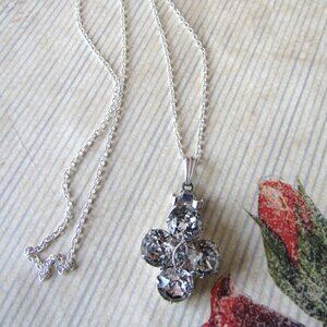 Rhinestone Vintage Floral Upcycled Silvertone Pendant Silverplate Necklace